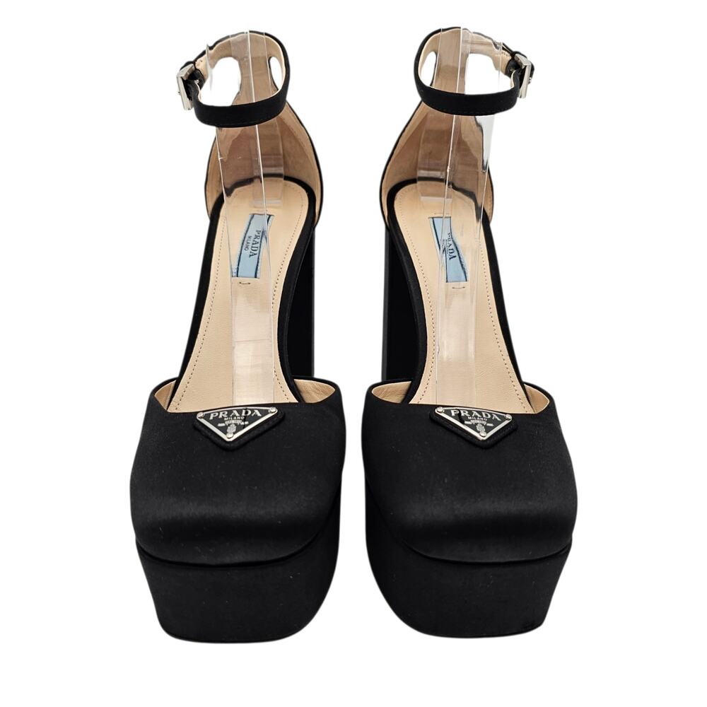 Prada Black Satin Platform Block Heel Pump Logo Ankle Strap Silver Size 39.5 9.5 - Picture 2 of 12